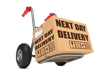 Expresszustellung am nächsten Arbeitstag Eine Sackkarre mit einem Express-Paket